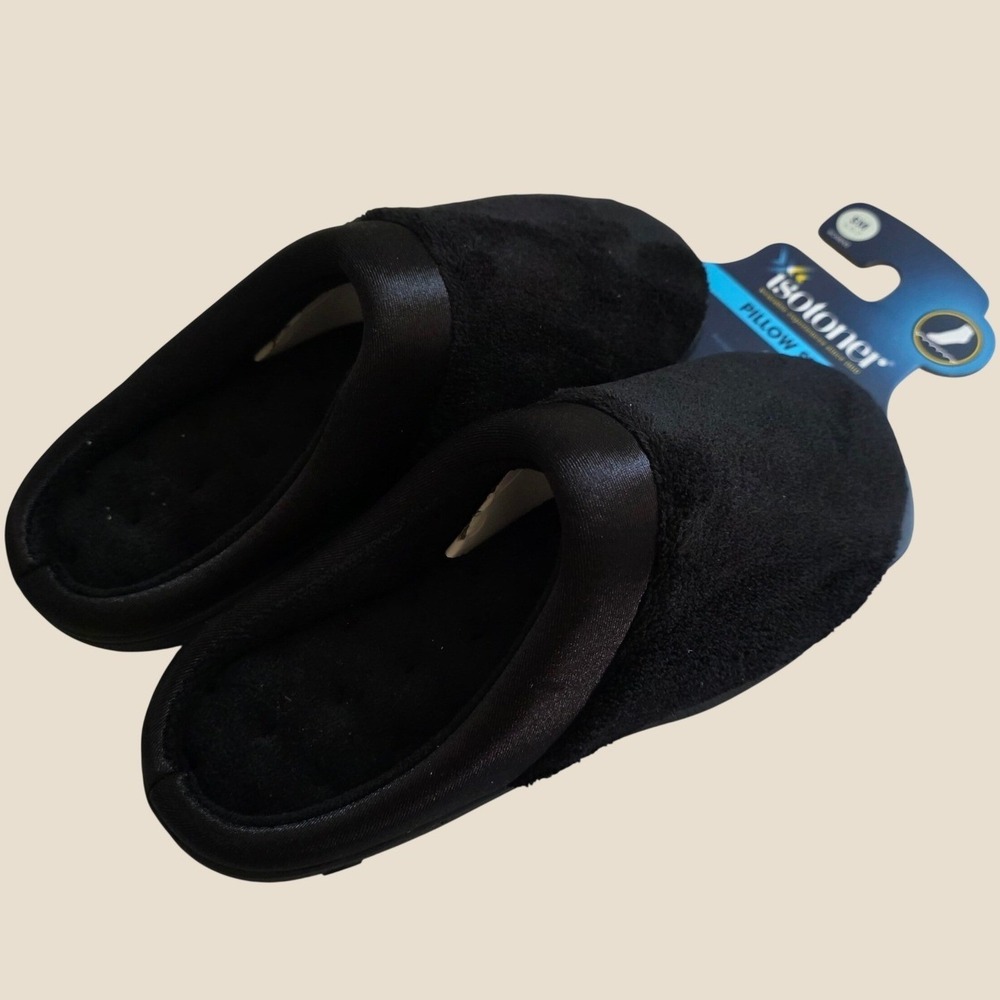 Isotoner Womens Pillow Step Slippers Size 6.5-7 Black Terry Clog New